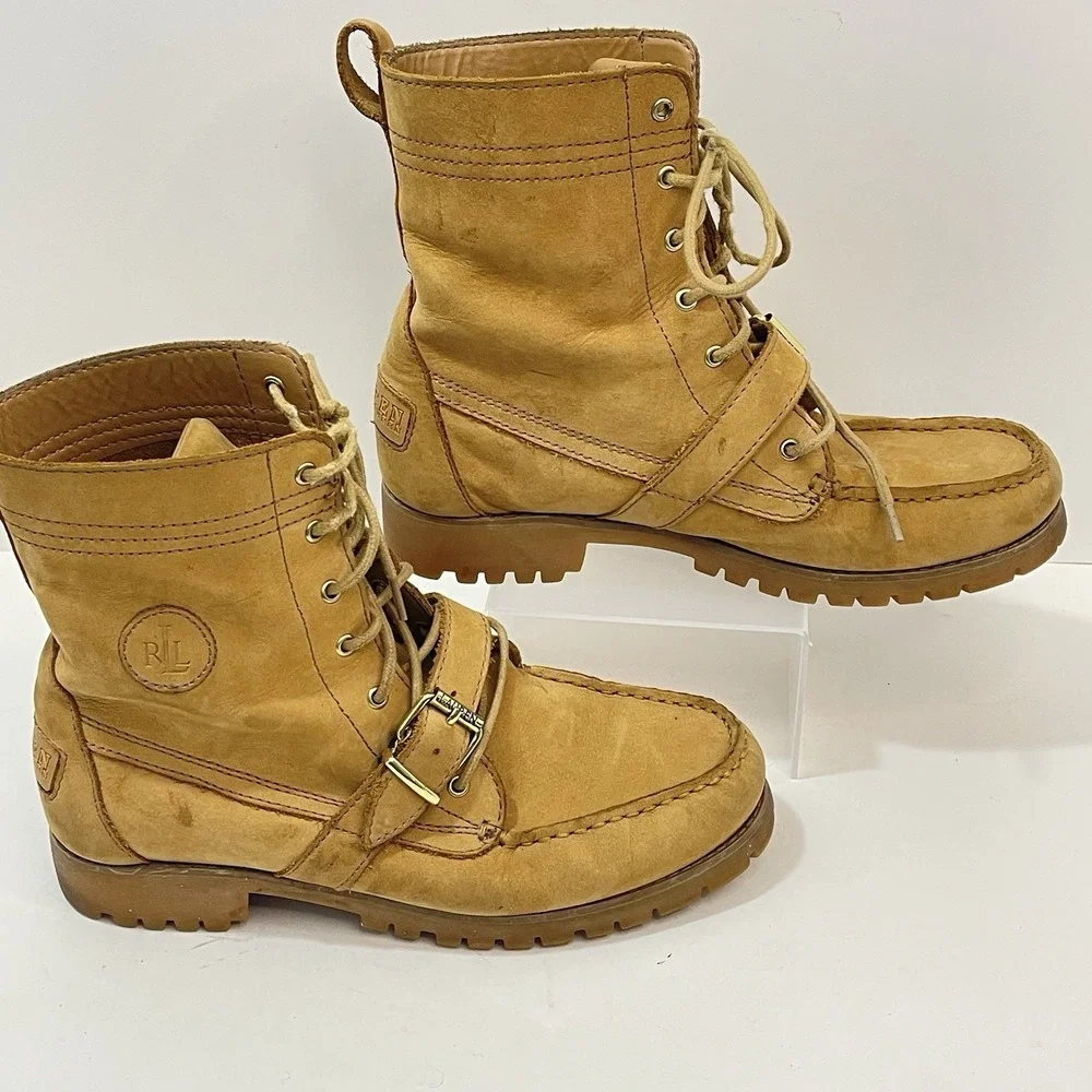Polo Ralph Lauren Ranger Boots Size 8.5B Tan Leather Lace Up Buckle Combat Style